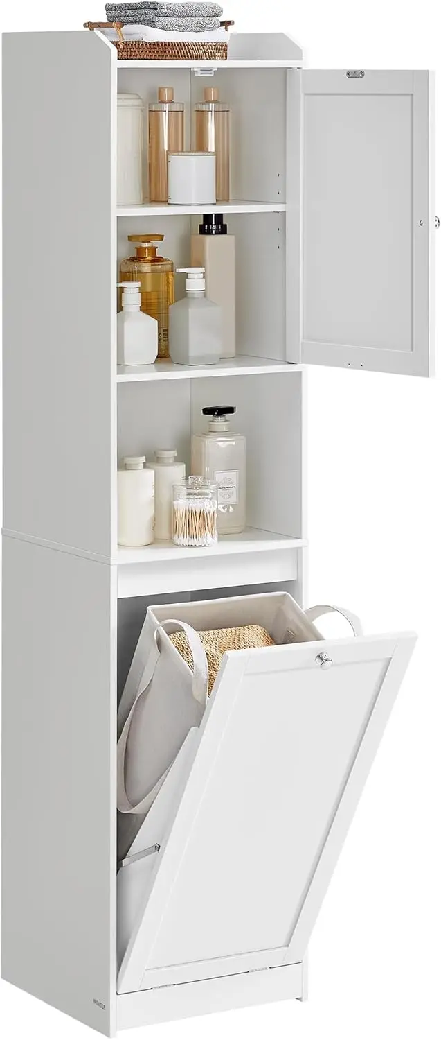 Cabinet with Laundry Basket, Removable Laundry Basket with Handles, Compartment with Door, Linen Tower, 15.8 x 15.8 x 66.9 Inche