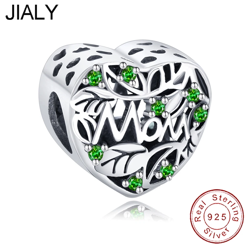 

European S925 Sterling Silver Green CZ Heart Love Mom DIY Charm Bead For Original Women Bracelet Necklace Chain Jewelry