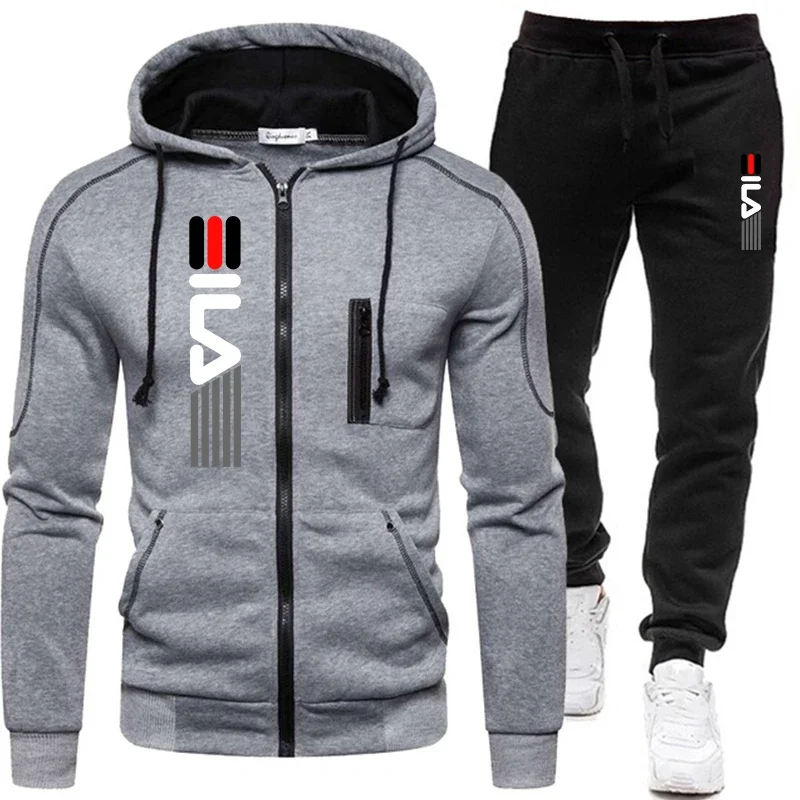 Men\'s casual suit, new fall/winter hooded zipper jacket, sportswear suit, outdoor fashion jogging jacket + trousers 2-piece set