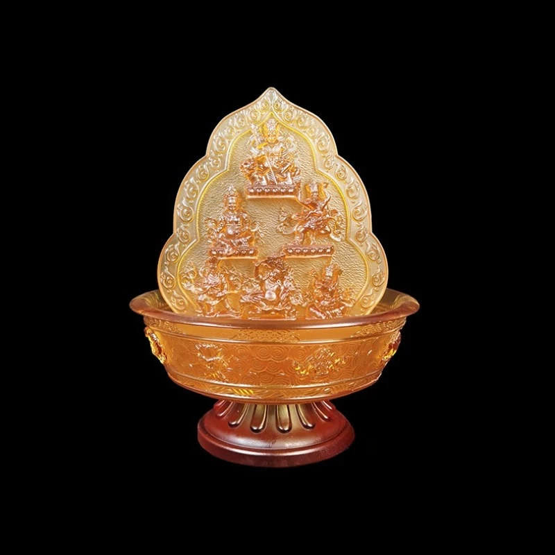 in Vajrayana Tibetan Buddhist hall, glass Buddhist offering, water offering tray for the five surnames of wealth gods