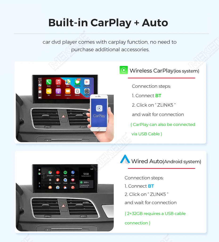 MEKEDE MNX Autoradio Inalámbrico de 8.8 Pulgadas con Sistema Dual Android OS y Carplay para Audi Q5 2009-2016, Versión Alta, Radio de Coche 2 Din, Reproductor Multimedia, Pantalla, 4G LTE, Navegación GPS, Audio, MTK6762, 4G, 64G, FM Estéreo, Compatible con Bluetooth, Información Original BT Automotivo 2