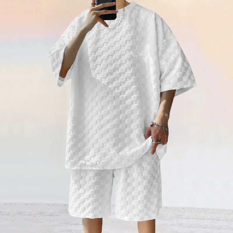 

Men Waffle Checkerboard Oversized T-Shirt and Shorts Casual Two-Piece Set