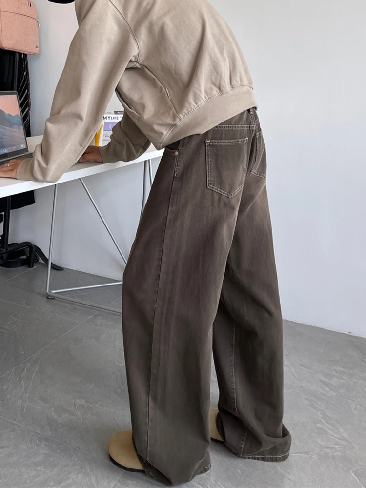 

Cleanfit American Washed Brown Jeans Men's Trendy Wide Leg Long Pants High Street Versatile Casual Loose Trousers