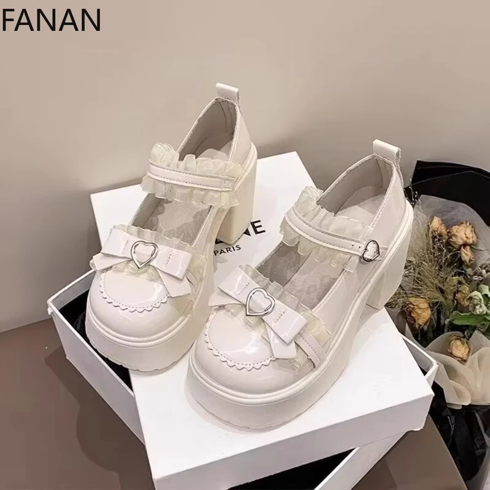 

2025 New Sweet Mary Jane Leather Shoes Japanese Jk Uniform Platform Big Head Shoes Lolita Bow Black High Heel Single Shoes
