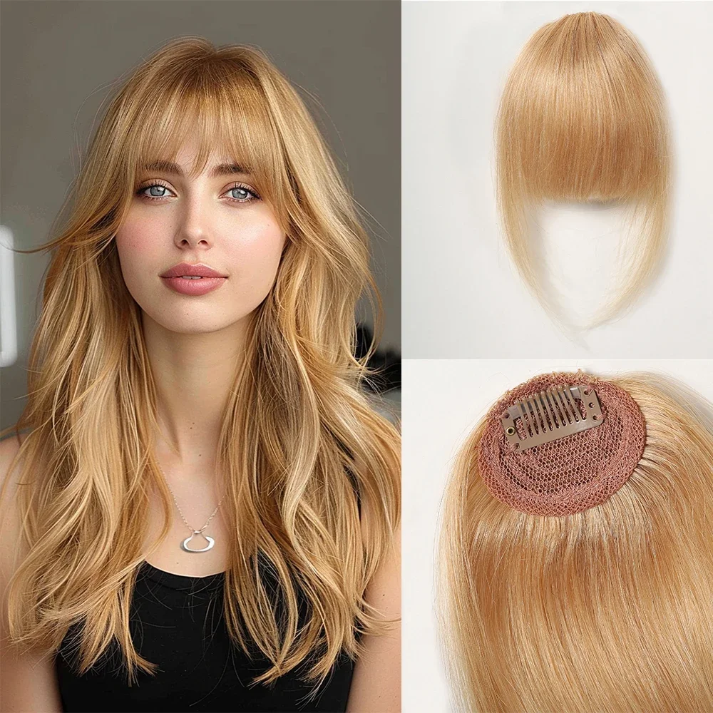 

Golden Blonde Human Hair Fringe Bangs Clips in Straight 3D Air Fringe Bangs for Women Remy Human Hairpiece Light Hair Extensions