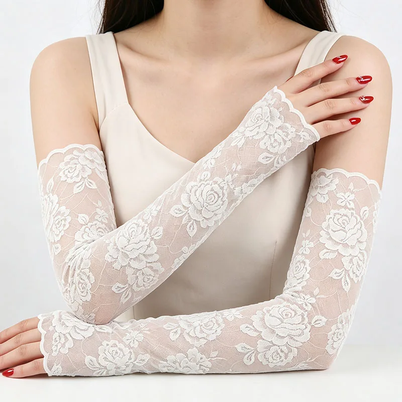 Summer Long Lace Flower Hollow-Out Fingerless Gloves Elastic Driving Cycling Accessories Mesh Thin Sleeves Finger Mittens