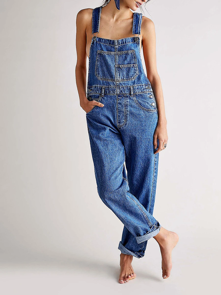 Women Denim Long Jumpsuit 90s Vintage Bib Wide Leg Adjustable Strap Romper Pants Retro Revolt Dungaree Overalls