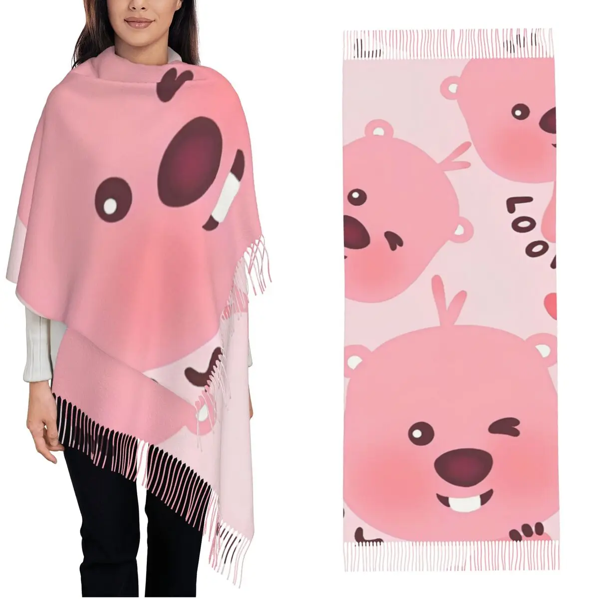 Zanmang Loopy Cartoon Shawl Wraps for Ladies Warm Large Long Scarf Cute Kawaii Pashmina Tassel Scarves