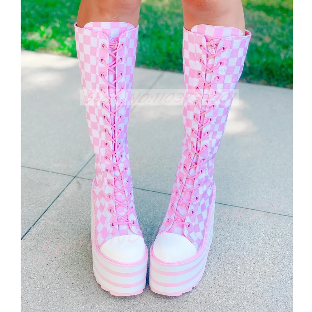 Pink Checkered Platform Wedge Heels Boots Women Canvas Check Round Toe Lace Up Knee High Elevator Shoes Sweet Y2K Lolita Boots