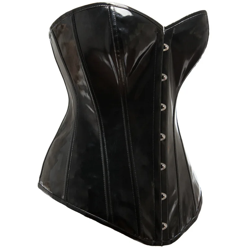 Glossy PVC Corset Top Women Shiny Black PU Leather Bustier Body Shaper Show Girl Costume