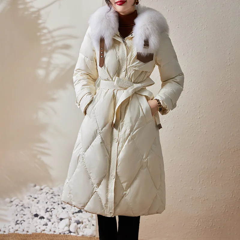 Luxury White Duck Down Coat Women 2025 Fashion Thick Waist Slim Warm Knee Length Jacket with Fox Fur Collar