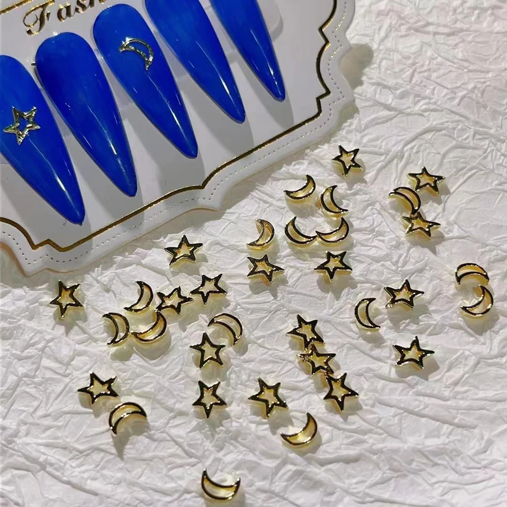 20Pcs Mini Alloy Hollow Star Moon Nail Charms 3D Metal Silver Shiny Star Moon Rivet Nail Decoration Mixed Cute DIY Nail Supplies