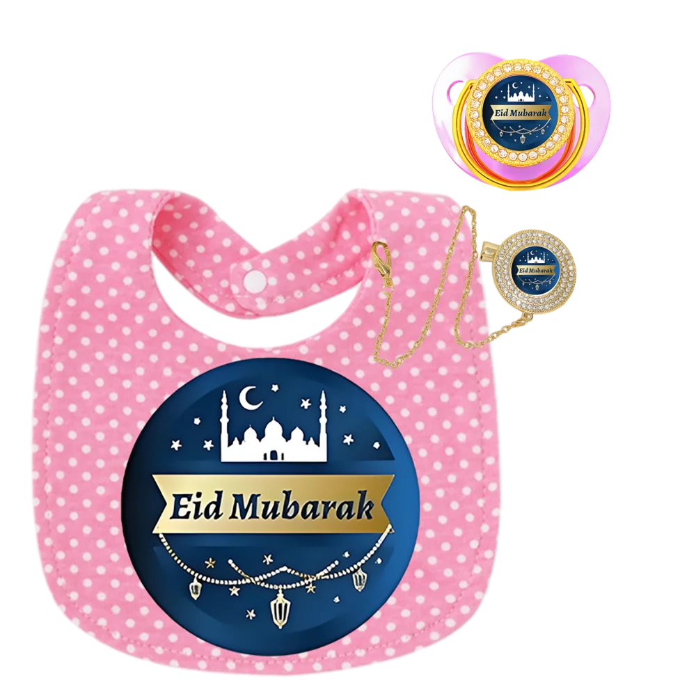 Newborn Pacifier with Baby Chain Clip Toddler Bib 3Pcs Set Muslim Print Soother Dummy Orthodontic Silicone Gift Set