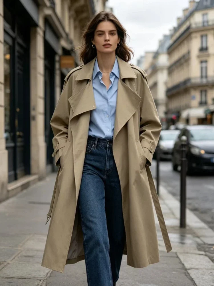 Fashionable and Versatile Women's Solid Color Mid-length Windbreaker Coats Spring Autumn Loose Fit Design Office Lady Long Coat