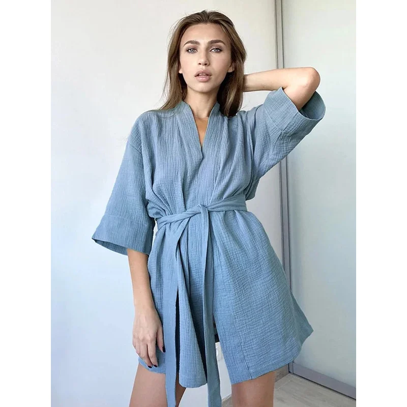 Mini Bathrobes Lace Up Sleepwecrape Cotton Robe Women Nightwear  Muslin Women Home Clothes Solid Color Robes Women Nightie