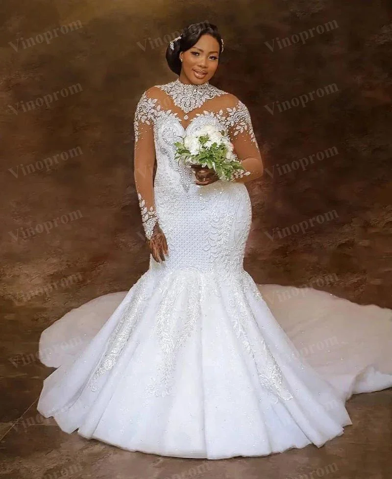 Customized Crystal Mermaid Wedding Dresses For Bride Lace Applique Vestidos De Novia Civil African Plus Size Bridal Gowns Court