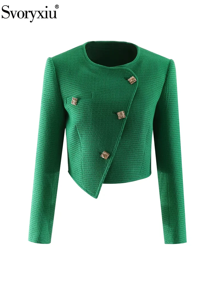 Svoryxiu Fashion Runway Autumn Green Short Style Coat Women's Solid Color O-Neck Button Fake Pocket Long Sleeve Slim Jackets