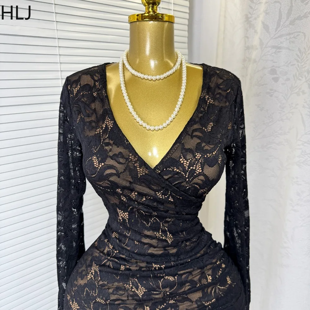 เดรสทรงบอดี้คอนผ้าลูกไม้สไตล์ฝรั่งเศส HLJ สำหรับผู้หญิง คอวีเว้า แขนยาว แฟชั่นสตรีทแวร์ รุ่นใหม่ ปี 2025