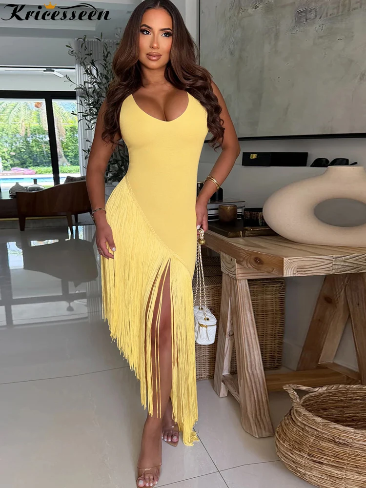 Kricessen Solid Bodycon Fringe Midi Dress Women V Neck Sleeveless Asymmetrical Tassel Evening Party Club Outfits Summer Vestidos