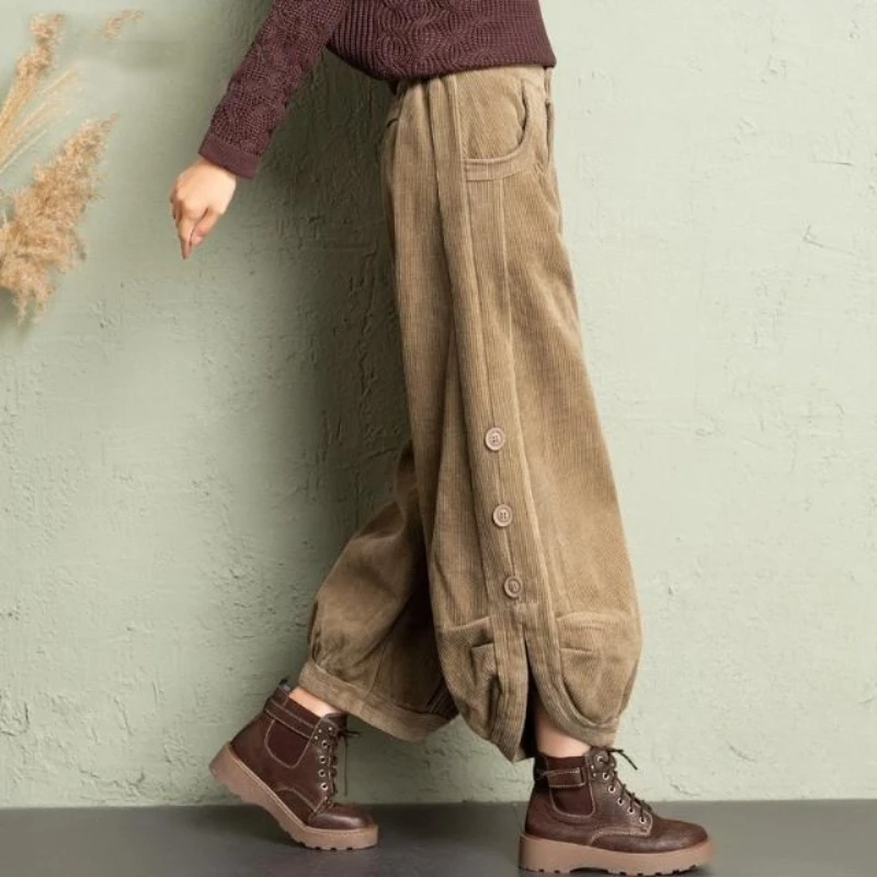 سروال قصير نسائي شتوي عالي الخصر مبطن بالصوف واسع الساق #2