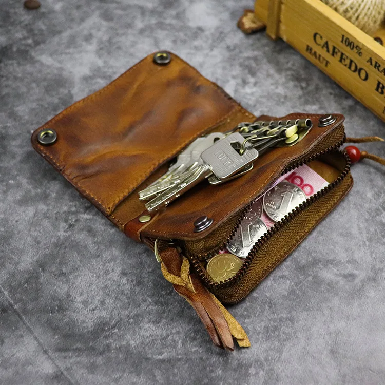 Vintage Key Wallet For Men Handmade Genuine Leather Smart Key Ring Zipper Coin Purse Card Slot Housekeeper Key Chain Bag