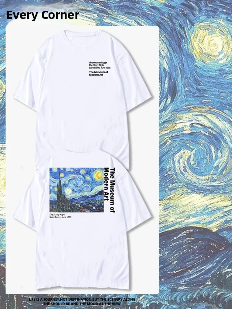 

Van Gogh Starry Night Collaborative Loose ort Sve T-irt for Men Summer New American Sle Casual f Sve Youth Clo...
