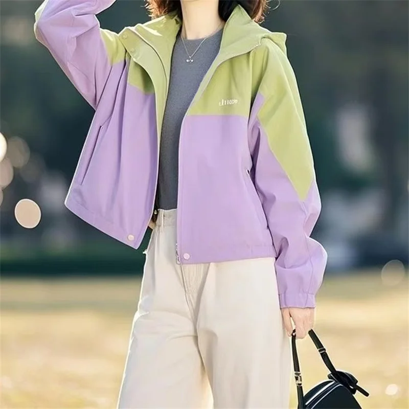 Advanced Feeling Women Short Jacket Spring Autumn Causla Zipper Hooded Lined Coat Fashion Loose Patchwork Purple Outwear