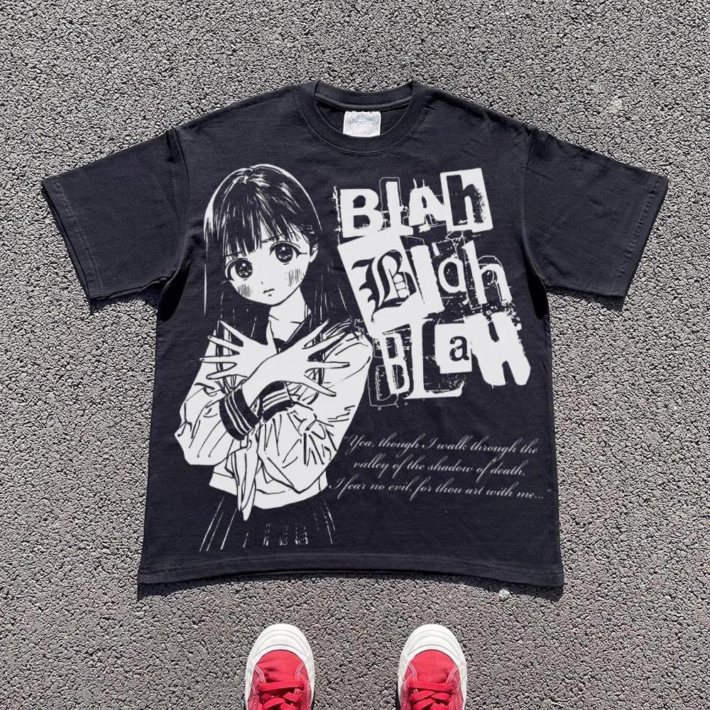 Classic Anime Vintage Short Sleeve round Neck T-Shirt 260g Heavyweight Unisex Couple's Clothing Wang Studio Work