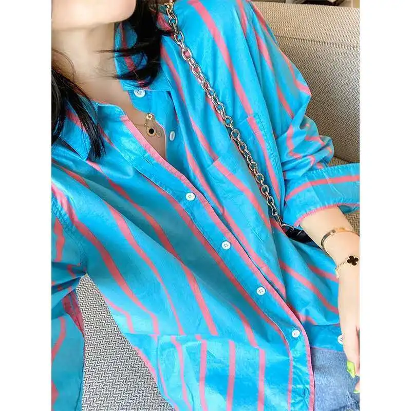 2023 Spring Autumn Female Striped Printed Turn-down Collar Shirt Fashion Casual Long Sleeve Single-breasted Loose Korean Blouse