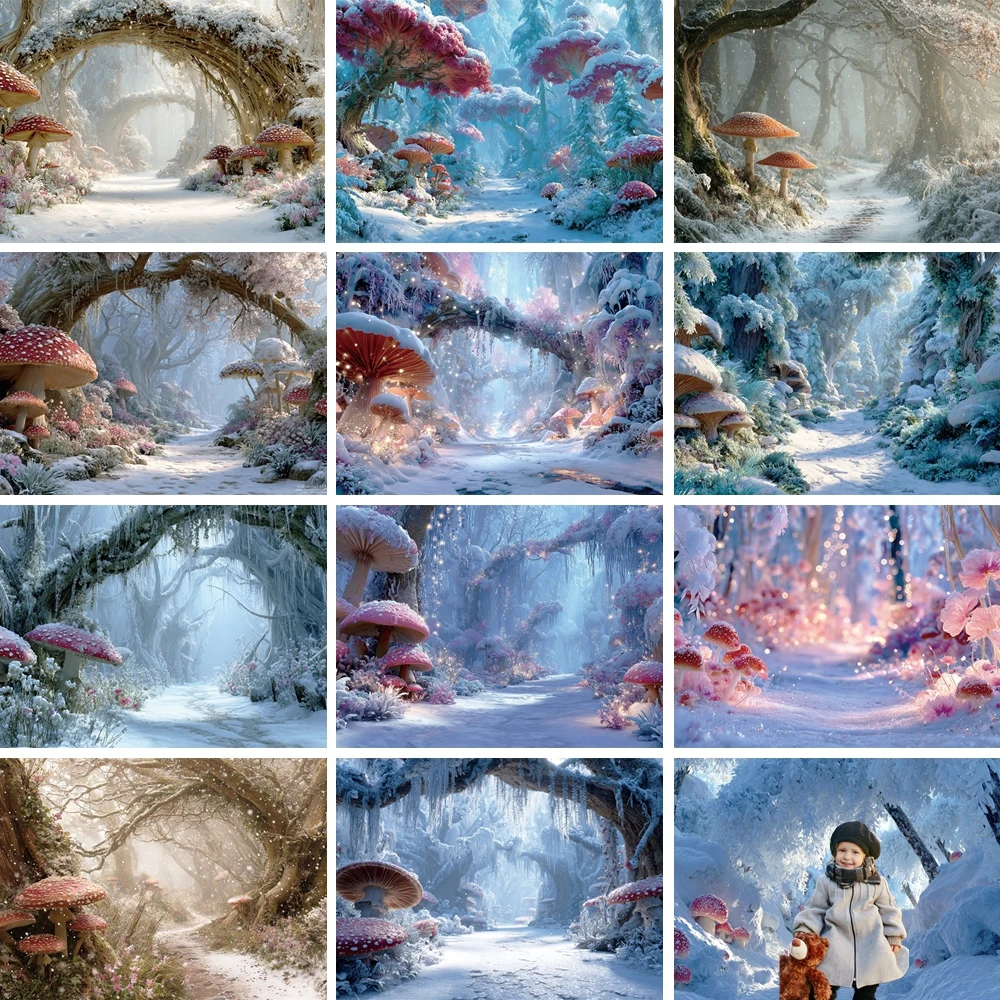 

MOON.QG Frozen Trees Winter Photo Background Mushroom Snow Pine Fairy Forest Backdrops For Photography Children Birthday Props