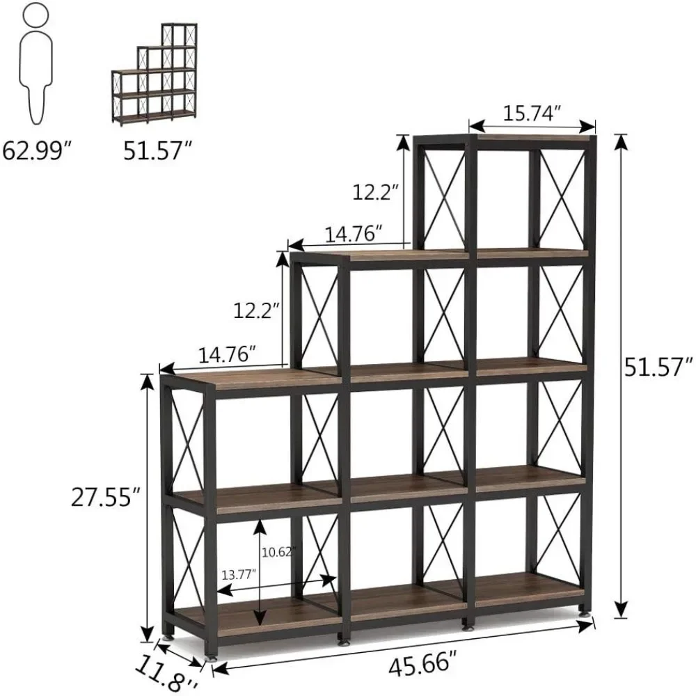 12 Shelves Bookshelf, Industrial Ladder Corner Bookshelf 9 Cubes Stepped Etagere Bookcase, Rustic 5-Tier Display Shelf Storage