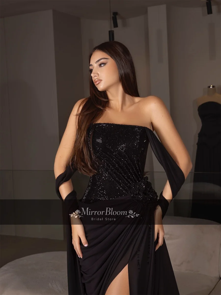 

Elegant Black Off Shoulder Evening Dress Women Sequined Chiffon Luxury Floor Length Party Wedding Formal Prom Gown Customized