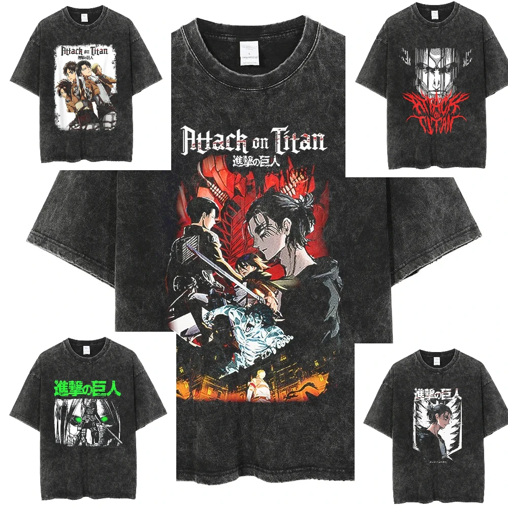 

Хип-хоп Harajuku Промытая футболка японского аниме «Атака Титанов» Футболка с принтом Мужская хлопковая повседневная футболка Летние футболки с короткими рукавами