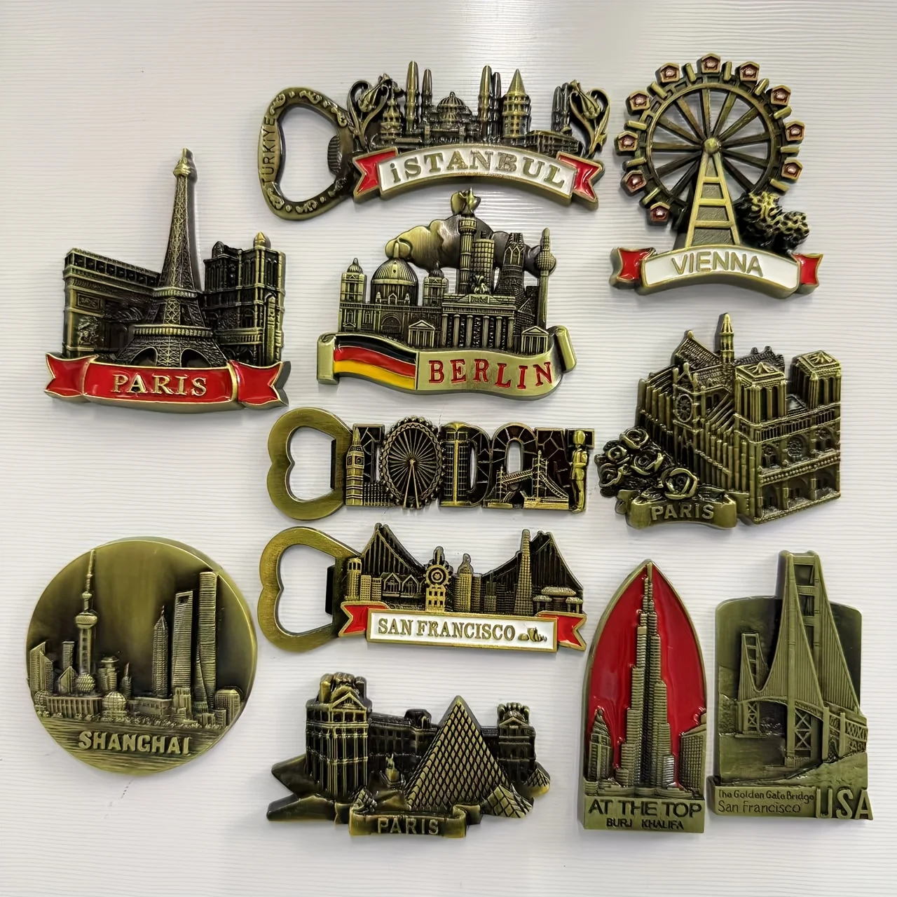 

1pc Metal 3d Fridge Magnets, Paris Louvre Eiffel Tower Vienna Golden Gate Bridge San Francisco Burj Khalifa Istanbul ShangHai Be