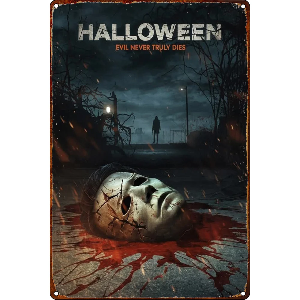 لافتة فنية جدارية معدنية كلاسيكية - ملصق فيلم رعب الهالوين مع قناع مايكل مايرز وتصميم رش الدم، 20.32 × 30.48 سم Got