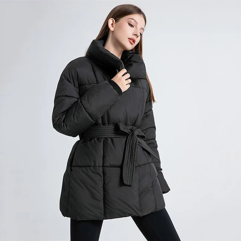 

NEW Winter Parkas Coat High End Waist Tie Up Down Cotton Jacket for Women Korean Style Fashion Slim Thick Warm Bread Jacket