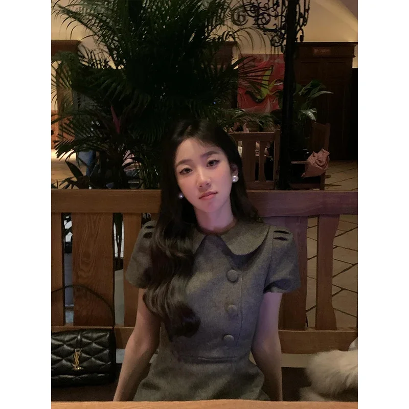 qa156 ربيع جديد وصول الكورية Sle المرأة الدكتور مزدوجة الصدر دمية طوق منقوشة الصوفية ort Sve ألف خط تنورة الدكتور