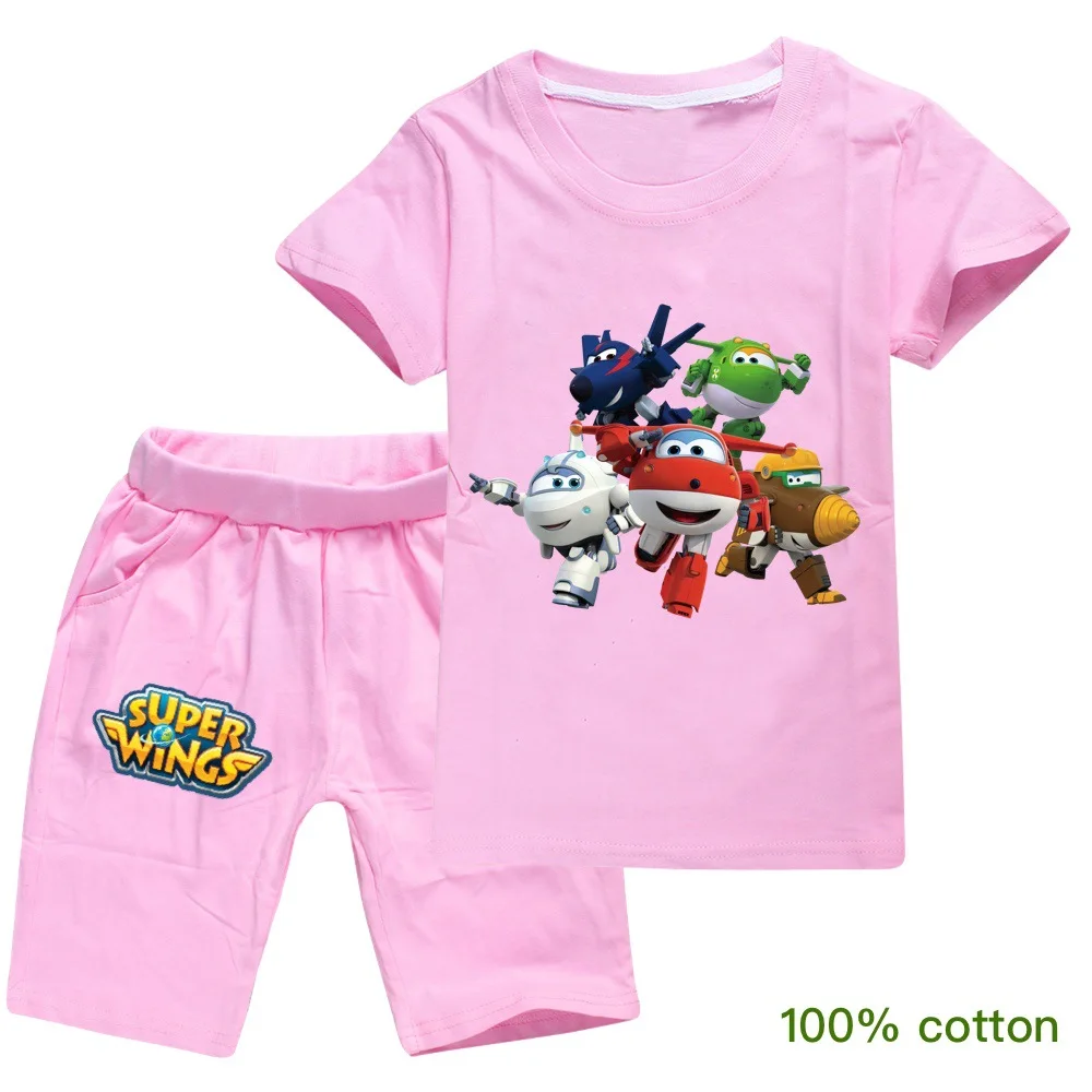 

2-16Y Cartoon Super Wings Costume Kids Summer Clothing Boys Short Sleeves Cotton Tshirt Sport Shorts 2pcs Sets Baby Girl Clothes