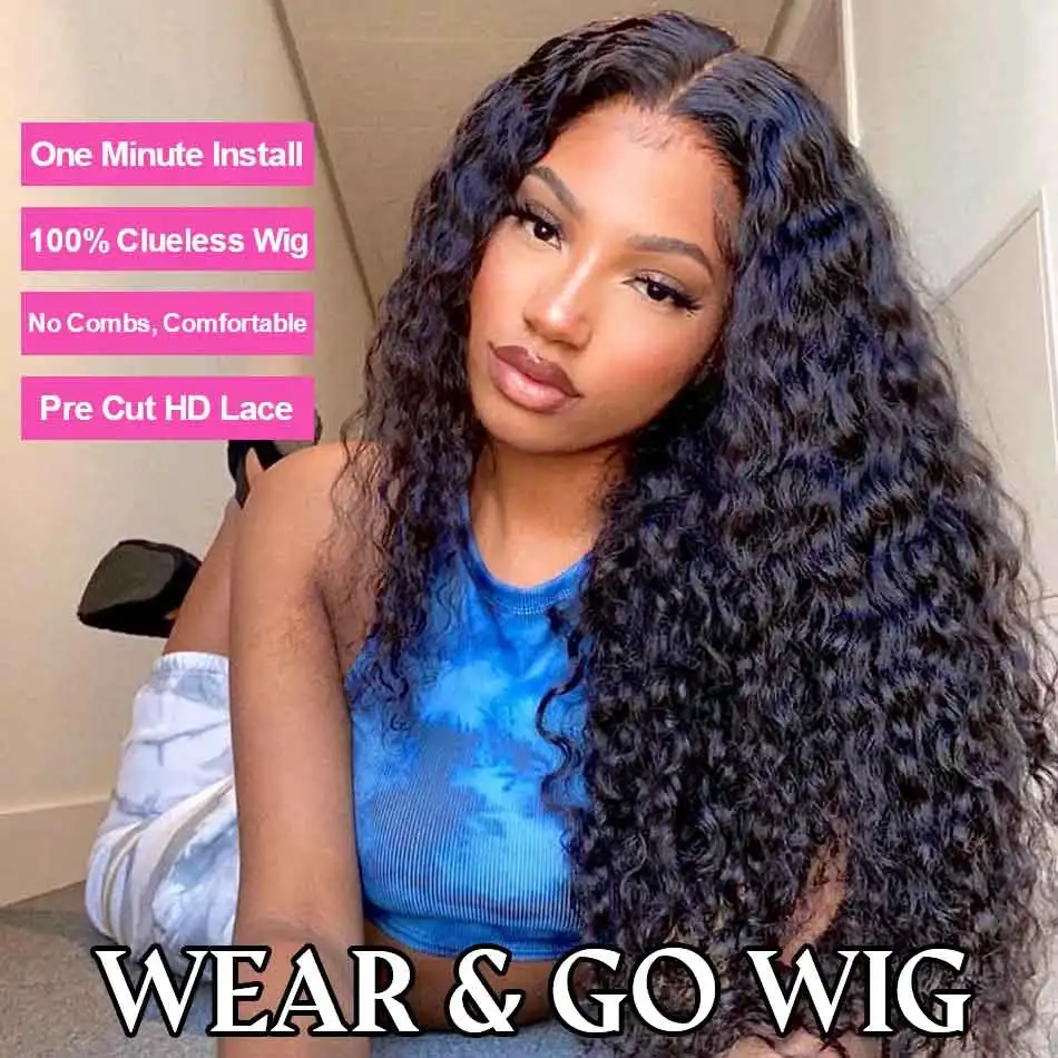 Wear And Go Deep Wave 6X4 5x5 HD Glueless Wig Brazilian Curly Human Hair Wigs For Women Lace Front Human Hair Wig PrePlucked 180