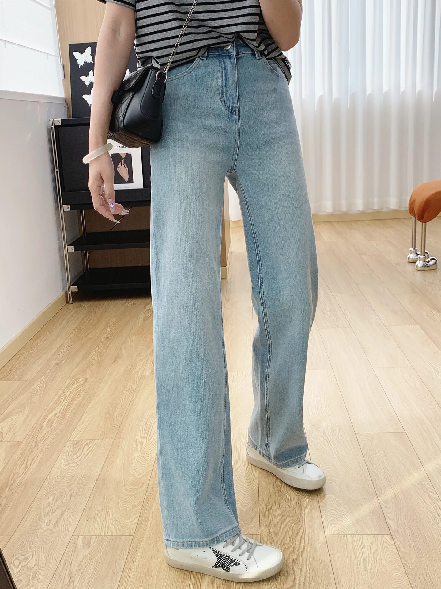 

High Waist Straight Leg Jeans Women's Loose Fit Wide Leg Pants Four Way Stretch Cotton Blend Spring Season Ladies Jeans