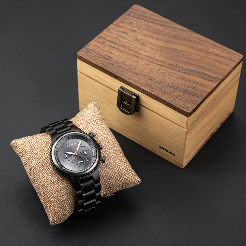 BOBO BIRD Men\'s Wood Watch New Fashion Business Quartz Wristwatch Multi-function Chronograph Clock Custom Logo Great Gift Box