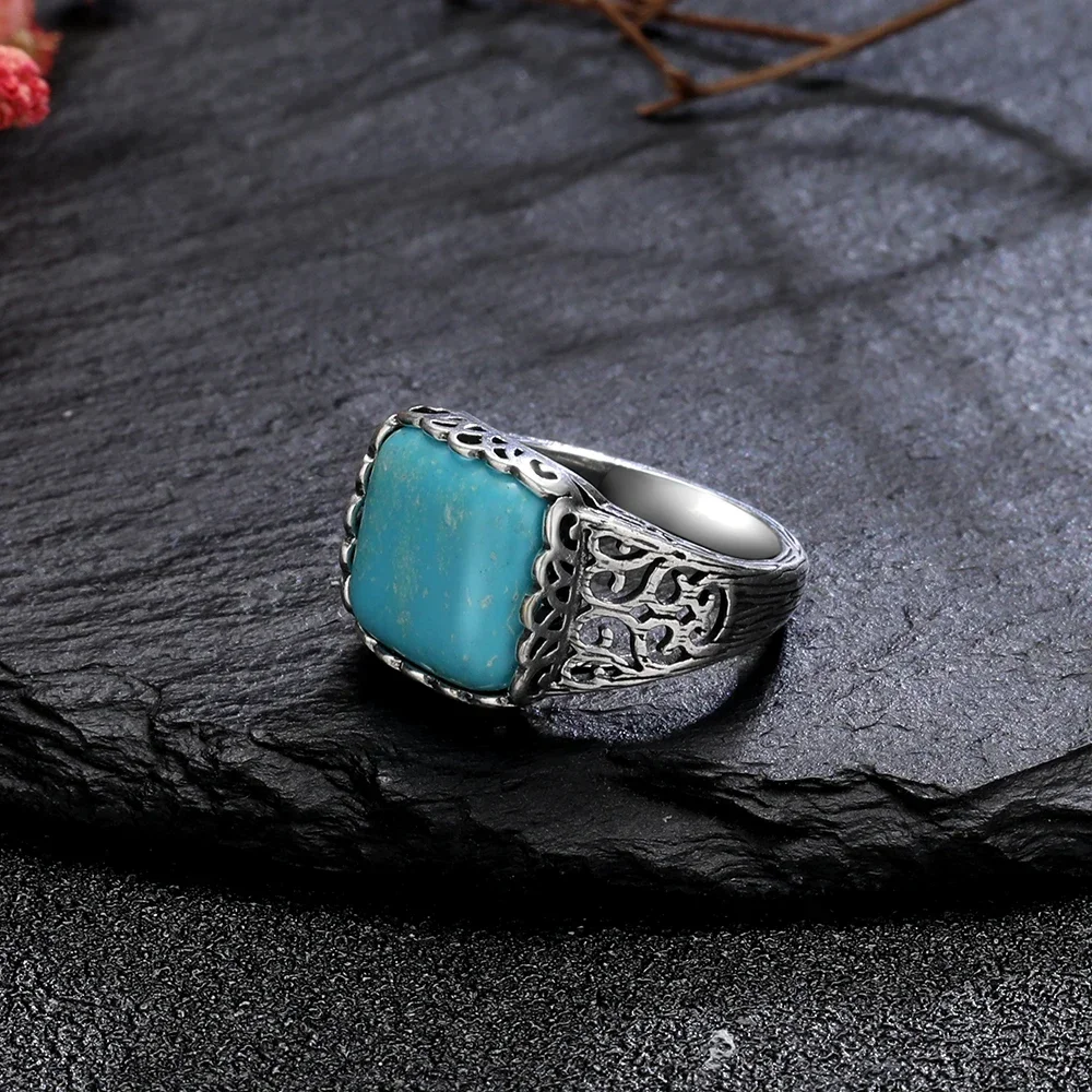 Retro Silver Plated Rings Square Natural 12*12mm Turquoise Finger Ring Women's Fine Jewelry Gift Simple Fashion Style 2