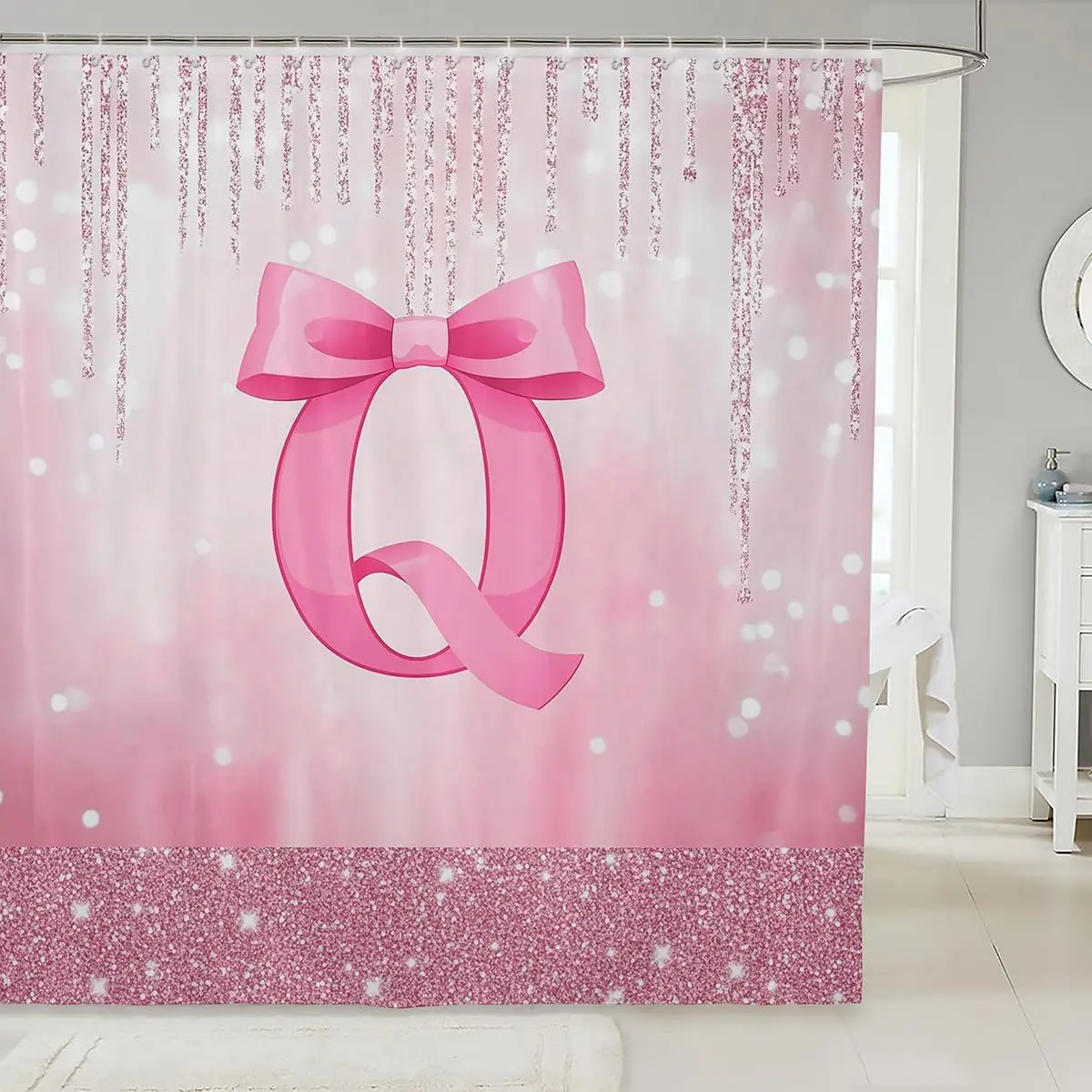 

Pink Glitter Bow Letter Q Shower Curtain With Sparkle Background For Princess Theme Decor