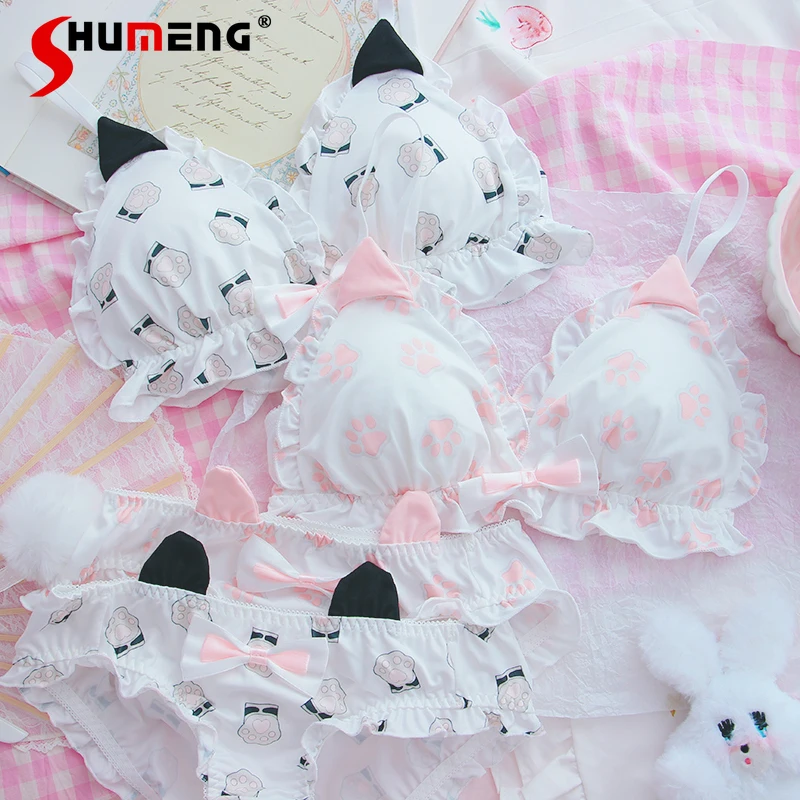 

Japanese Style Girl Cute Girl Cat Ear Bra Set Women Sweet Wireless Bra Lolita Brief Suits Female Small Chest Underwear Intimates