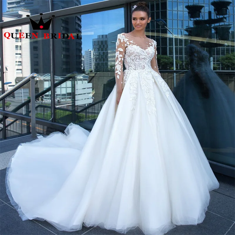 Long Sleeve Elegant Wedding Dresses Appliques Lace O Neck Floor-Length Bridal Ball Gowns Vestidos De Novia Custom Y37X