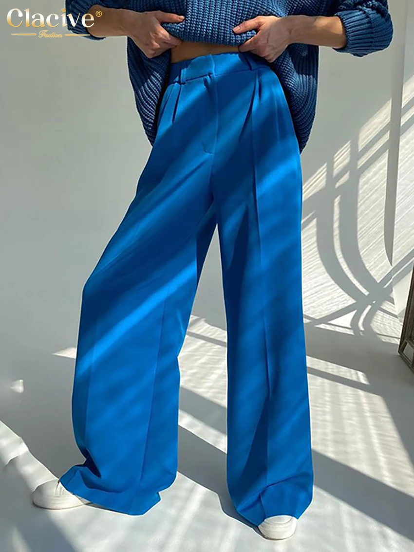 Clacive Blue Office Women'S Pants 2021 Fashion Loose Full Length Ladies Trousers Casual High Waist Wide Pants For Women
