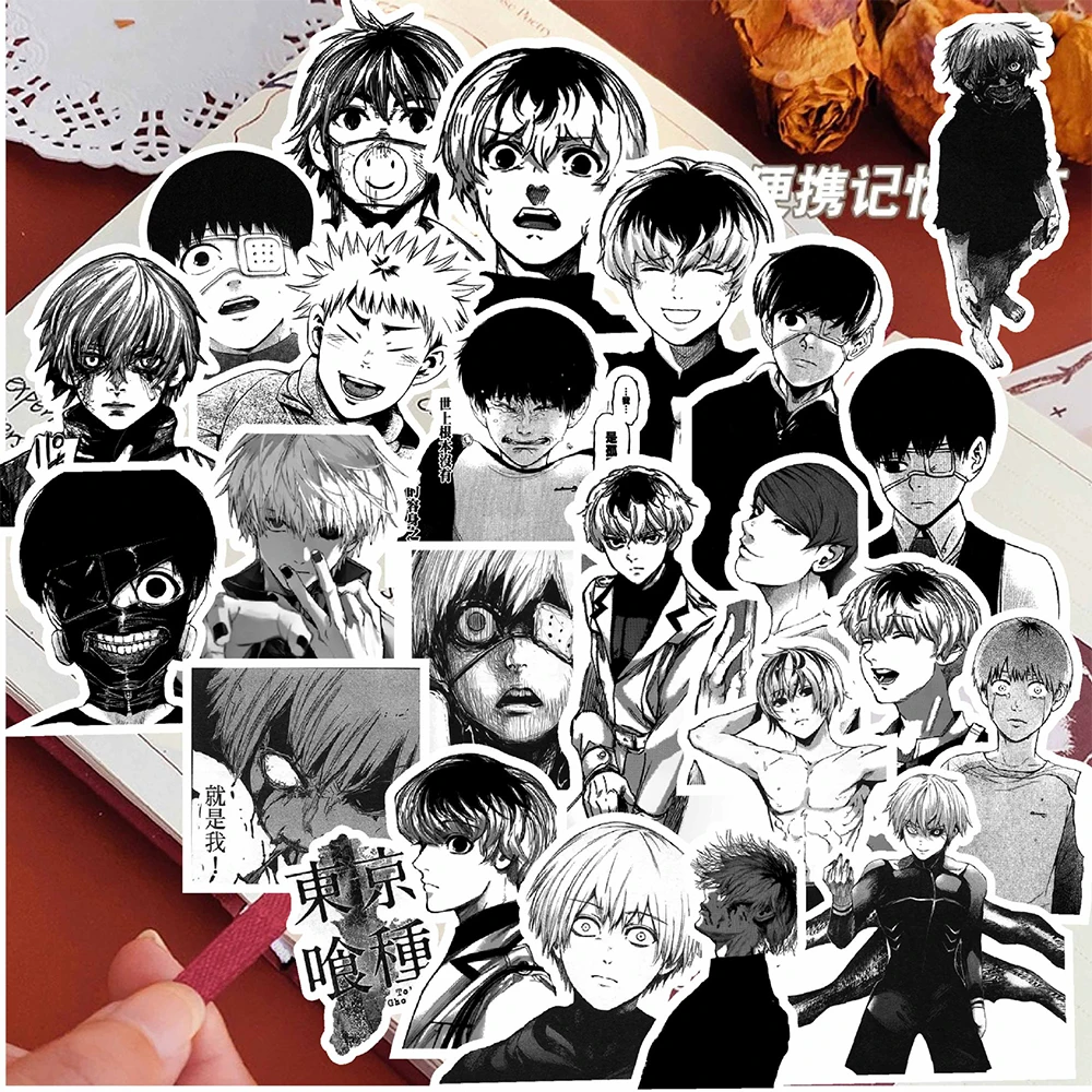 Pegatinas de Anime Tokyo Ghoul para motocicleta, calcomanías de dibujos animados, color blanco y negro, Kaneki Ken, Skateboard, teléfono, coche, Manga, 10/30/67 piezas