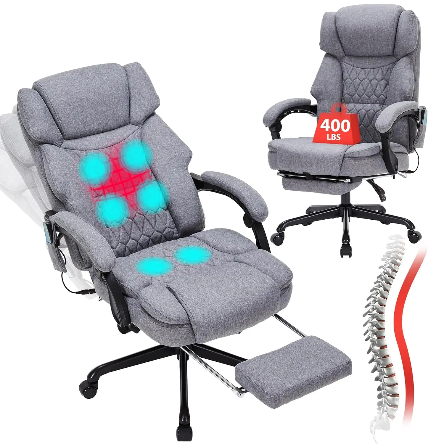 Massage Chair With Footrest 6-Point Vibration & Heat Reclining Ergonomic Office Chair 400lbs, Customized