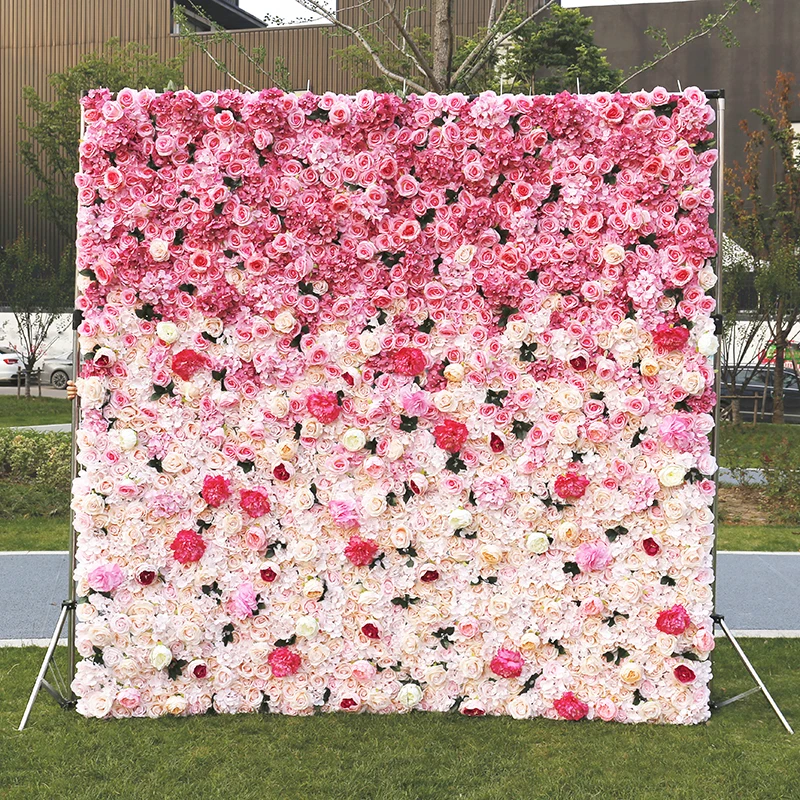 3D Pink cream white Gradient Color flower with butterfly orchid roll up artificial floral wall for wedding backdrop