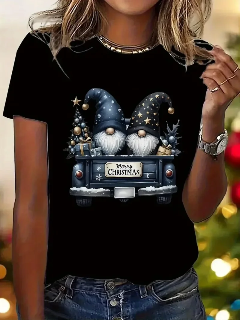 Star Print Gnome On Retro Truck Xmas Print Tshirt Men Women Casual Short Sleeve Top Christmas Tree Gift Box Festive Apparel